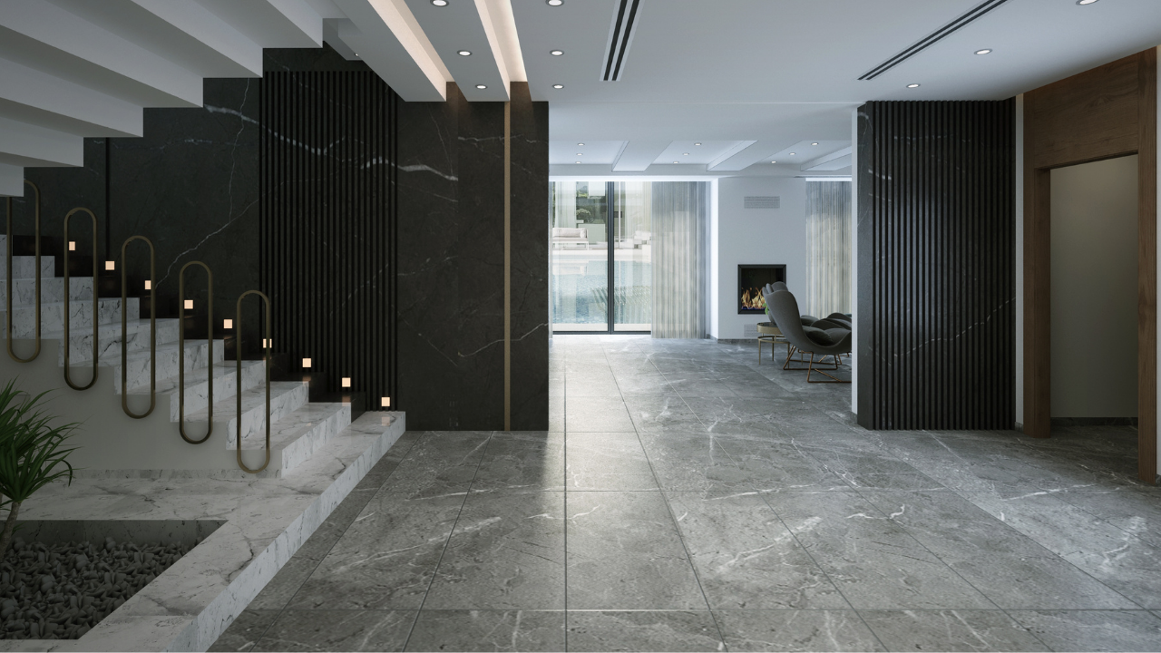Large-format tile flooring installed in a luxury Tampa Bay home by Artist Flooring