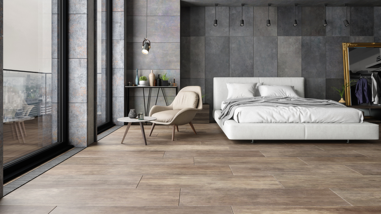 Close-up of wide-plank hardwood flooring grain and finish